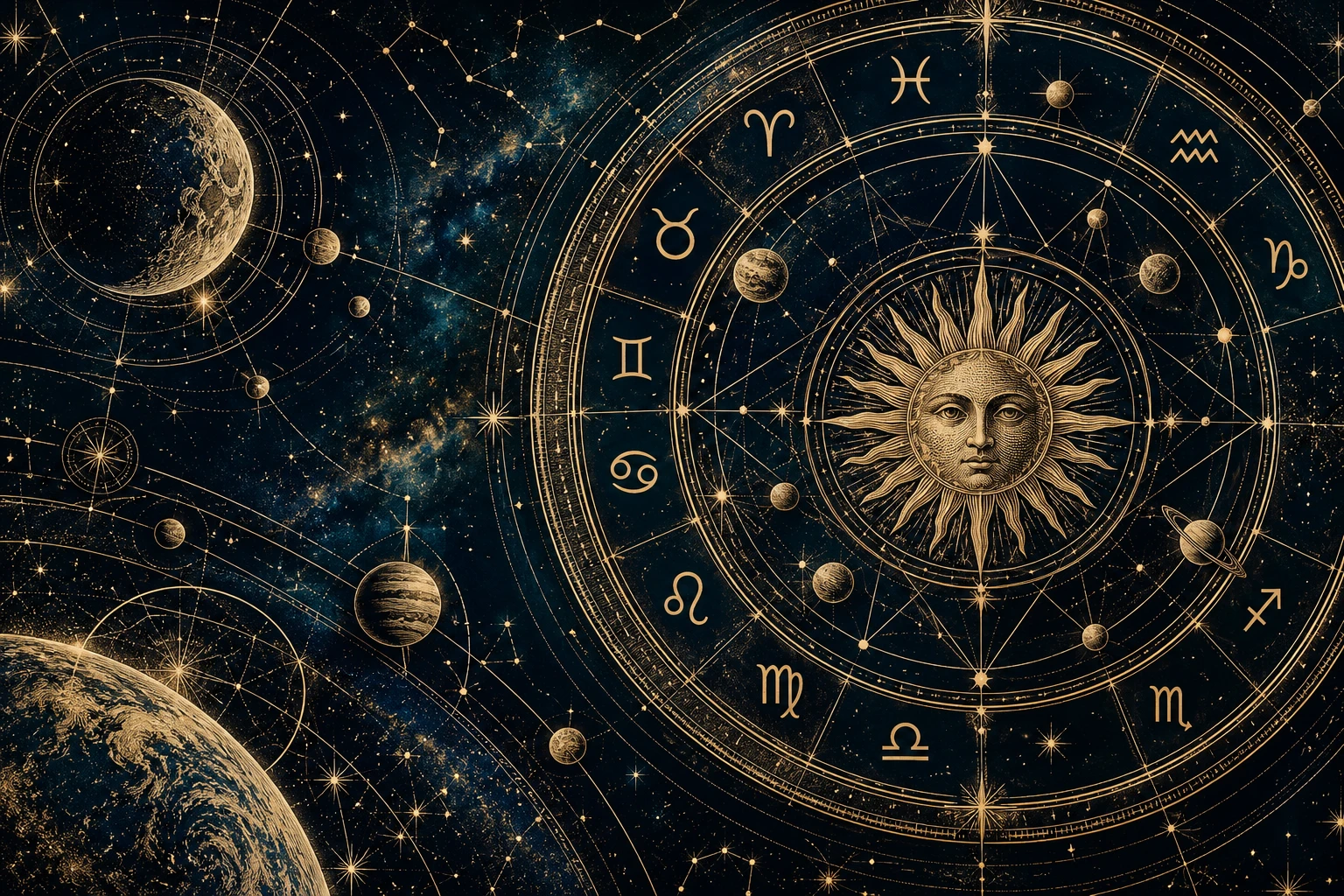Roue zodiacale et astres dorés sur fond saphir