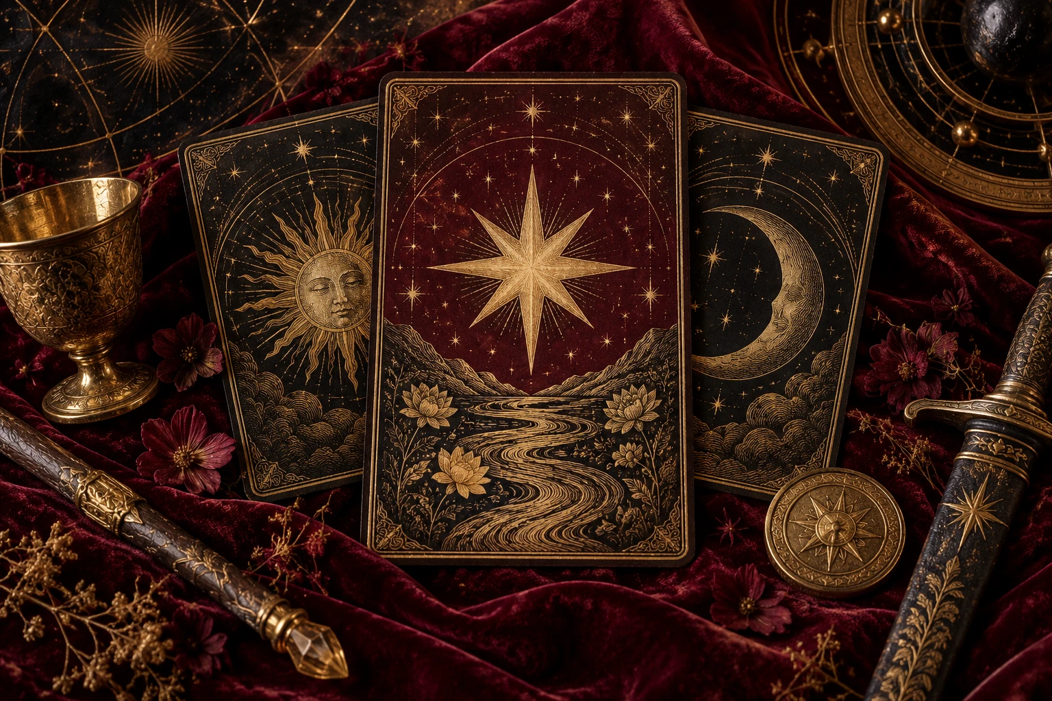 Cartes de tarot gravées d’or sur fond rubis