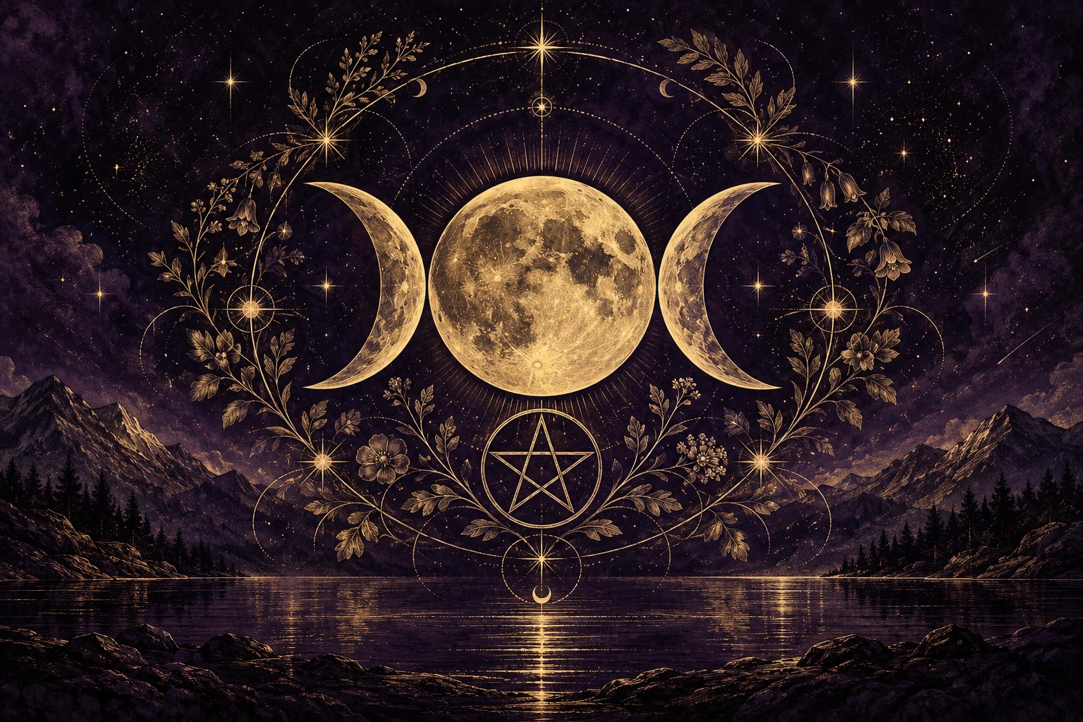 Triple lune et pentacle dorés sur fond améthyste